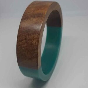 Carved Wood and Turquoise Resin Bangle Bracelet